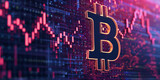 Bitcoin symbol projected in neon over a digital matrix with financial graphs in the backdrop