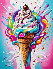 Poster - Photorealistic Pop Art Scoop of Ice Cream with Liquid Motion and Swirls of Flavor Gen AI