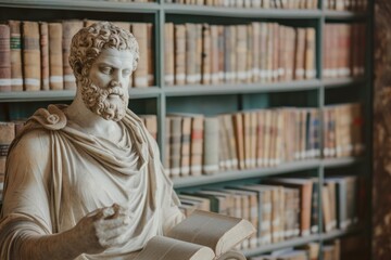 Wall Mural - An ancient Greek statue in a public library, browsing through books. white marble greek statue. whimsicle greek statue in accessibility and Inclusion in Everyday Life concept.