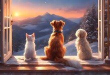 Three Cats And A Dog Look Out Of The Window At A Snowy Sunrise