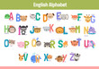 © Cute Design - Animal alphabet english abc poster. Horizontal placard english alphabet visual support for classroom. Cute animals and letters kawaii style. English learning for elementary school or preschool class.