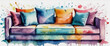 A sofa with several soft cushions. Watercolor style illustration in various colors.