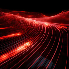 Wall Mural - Red Wave Energy Flow Abstract Design with Light Lines and Fractal Motion.