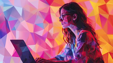 Wall Mural - Young woman working on laptop in low poly style. Multicolor background