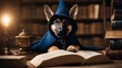 dog reading a book A playful German Shepherd puppy dressed as a wizard, complete with a cloak and a wand,  