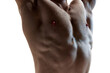 Close up cropped photo of torso of young naked athletic guy against white background. Fitness, sport and dieting. Breathe in and out. Concept of beauty care, male health, masculinity. Ad
