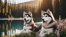 Siberian Husky Dog An Endearing Scene Of A Malamute Puppy And Adult Resting Together In A Field Of Blooming Alpine  