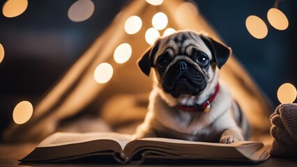 puppy reading a book A downcast pug puppy gazing out from a whimsical tent made of blankets and fairy lights,  