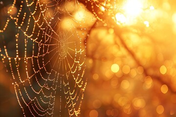 Wall Mural - Close up of intricate spider s web glistening with dewdrops in bright sunlight