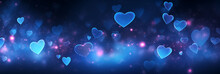 Beautiful Background Banner With Blue Hearts, Lights, Sparkles And Bokeh. Valentine's Day. Panoramic Web Header With Copy Space. Wide Screen Wallpaper