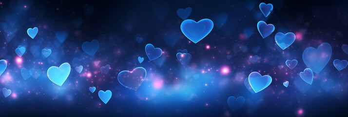 Wall Mural - Beautiful background banner with blue hearts, lights, sparkles and bokeh. Valentine's Day. Panoramic web header with copy space. Wide screen wallpaper