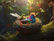 A pity Red green blue color cute bird build her nest Generative AI art