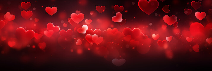 Wall Mural - Beautiful background banner with red hearts, lights, sparkles and bokeh. Valentine's Day. Panoramic web header with copy space. Wide screen wallpaper