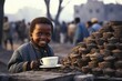 Laughing child in Africa with a mug of water, close-up, drought, water shortage problem