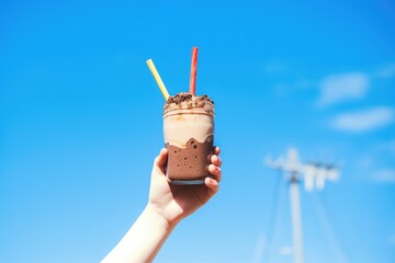 Poster - hand holding chocolate milkshake against blue sky