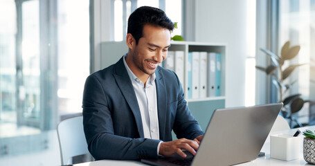 Poster - Business man, laptop and tablet for data analytics, stock market and online research for profit, sales or company account. Asian trader, investor or analyst in office on digital tech and computer