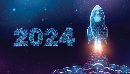Wall Mural - rocket launch, wireframe polygonal style. 2024 start concept with glowing low poly rocket. futuristi