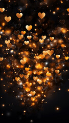 Wall Mural - Golden hearts with gold lights on beautiful dark background. Valentine's Day card