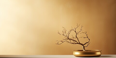 Sticker - Golden stucco table with tree shadow background, perfect for showcasing cosmetic products.