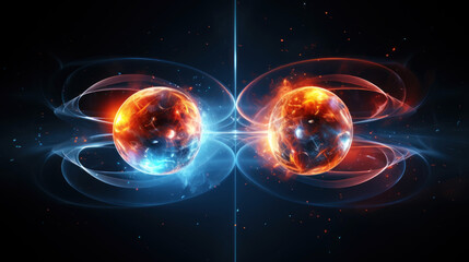 Wall Mural - Scientific concept of depicting the fusion of two atoms. Sci-fi background. Quantum physics. Generative AI