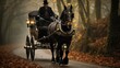 An old coachman on a horse in the middle of the forest.