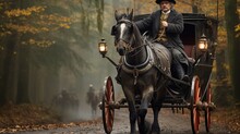 An Old Coachman On A Horse In The Middle Of The Forest.
