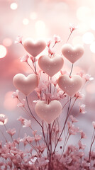 Wall Mural - Delicate pink airy pastel background with twigs and hearts. Valentine's Day card