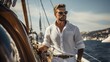 Yacht skipper on sunny day, portrait on blurred background