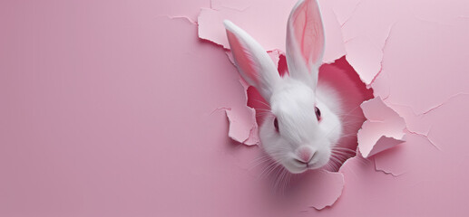 Wall Mural - A white rabbit pokes its head out of a hole in pink paper, background, panorama with space for your text