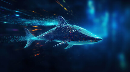 Big data visualization where a digital shark swims in the data stream. Futuristic background. Generative AI