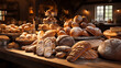 Variety of bread on display at a bakery shop.  AI generative