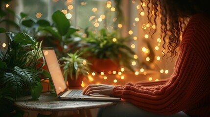 Poster - Close up of hand typing on laptop with blurred background and space for text placement