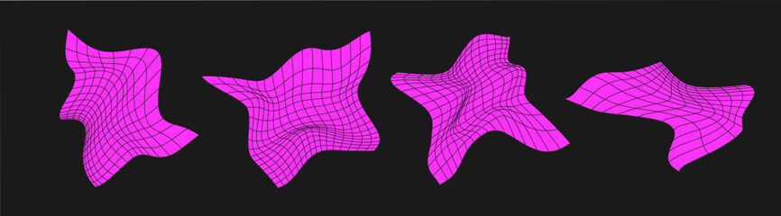 Poster - Set of distorted cyber grids. Cyberpunk geometry element y2k style. Isolated pink mesh on black background. Vector fashion illustration.