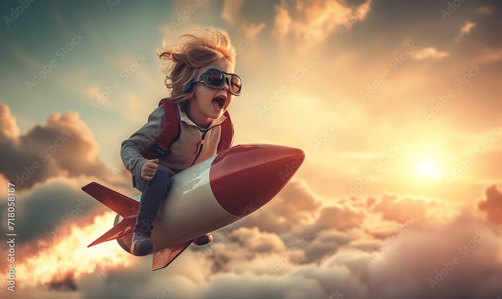 Creative child riding a rocket in the sky Stock Photo | Adobe Stock