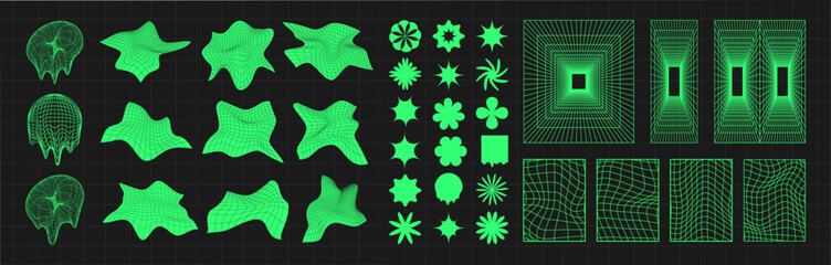 Poster - Cyber distorted grid, punk perspective rectangular tunnels and y2k psychedelic elements set. Grid geometry tunnel, elements on black background. Trendy futuristic vector illustration.
