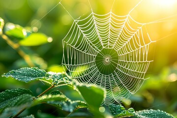 Wall Mural - Close up of delicate spider s web glistening with vibrant dewdrops in bright sunlight