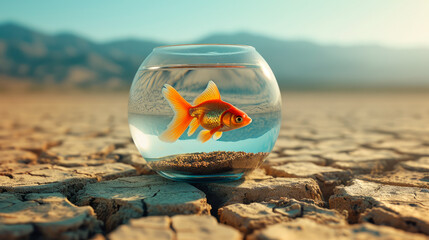 Wall Mural - Goldfish in a glass fishbowl on a cracked soil of empty desert.