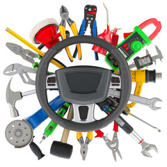 Fototapete - Auto service and repair concept. Steering wheel with tools. 3D rendering isolated on transparent background