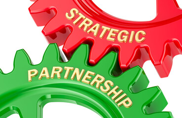 Poster - Strategic Partnership, concept with colored gearwheels. 3D rendering isolated on transparent background