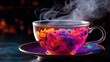 Vibrant closeup of steaming cup of tea with delicate rising vapors in warm lighting
