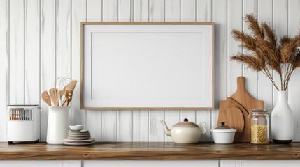 Wall Mural - Frame mockup in farmhouse kitchen interior background. Generative Ai