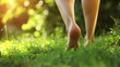 Close-up woman walking barefoot on green grass outdoors, generative ai