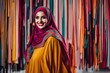 modern colorful stylish outfit photoshoot of a muslim hijab woman in dynamic shot happy and positive for modest trendy arab women fashion