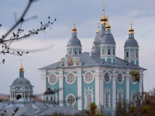 View At Orthodox Cathedral Against The Sky In Smolensk.