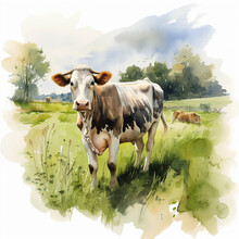 Watercolour Painting Of  Cows In A Field