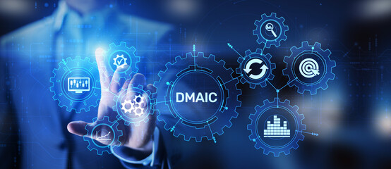 DMAIC Define Measure Analyze Improve Control Industrial business process optimisation six sigma lean manufacturing technology concept on virtual screen.