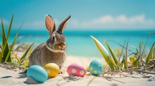 A Playful Bunny Explores The Beach With Colorful Eggs By The Sea. On The Beach Sand, A Rabbit Artistically Arranged In A Charming Scene. Easter Joy And Vibrancy Concept.