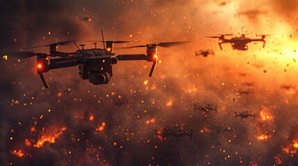 Wall Mural - Modern drones flying over burning battle fields. Drones and flames. Future wars.