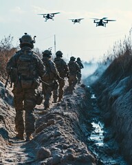 Wall Mural - Modern soldiers operations during warfare. Drone operators on the battlefields. Modern war.