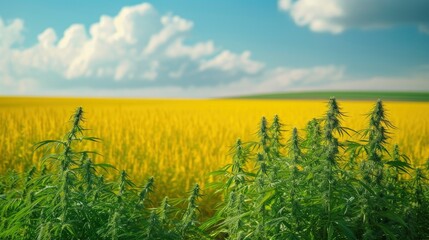 Hemp field in the front of picture and rapeseed field behind it